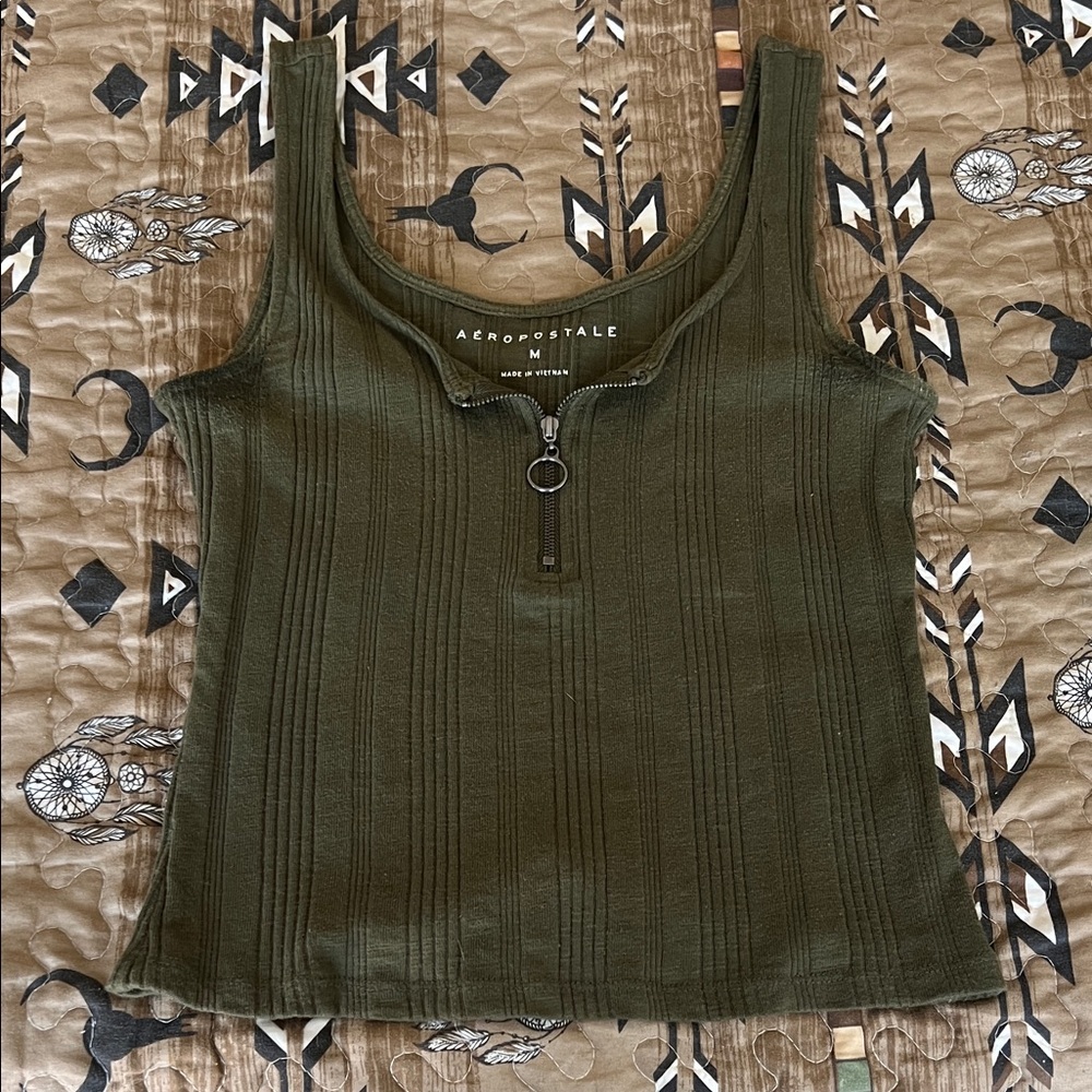 Aeropostale Women's Dark Green Zip-Front Tank Top